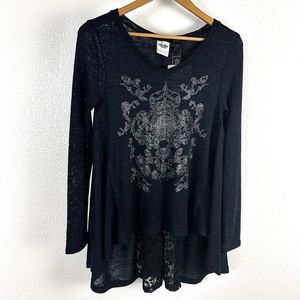 Harley Davidson Women's Crochet Lace Back Top Hi Low Long Sleeve